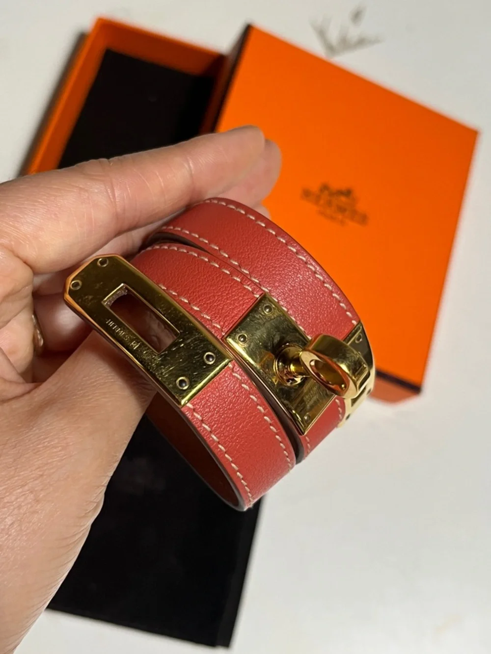 Hermes Coral Leather Double Tour Watch Bracelet with Gold Hardware